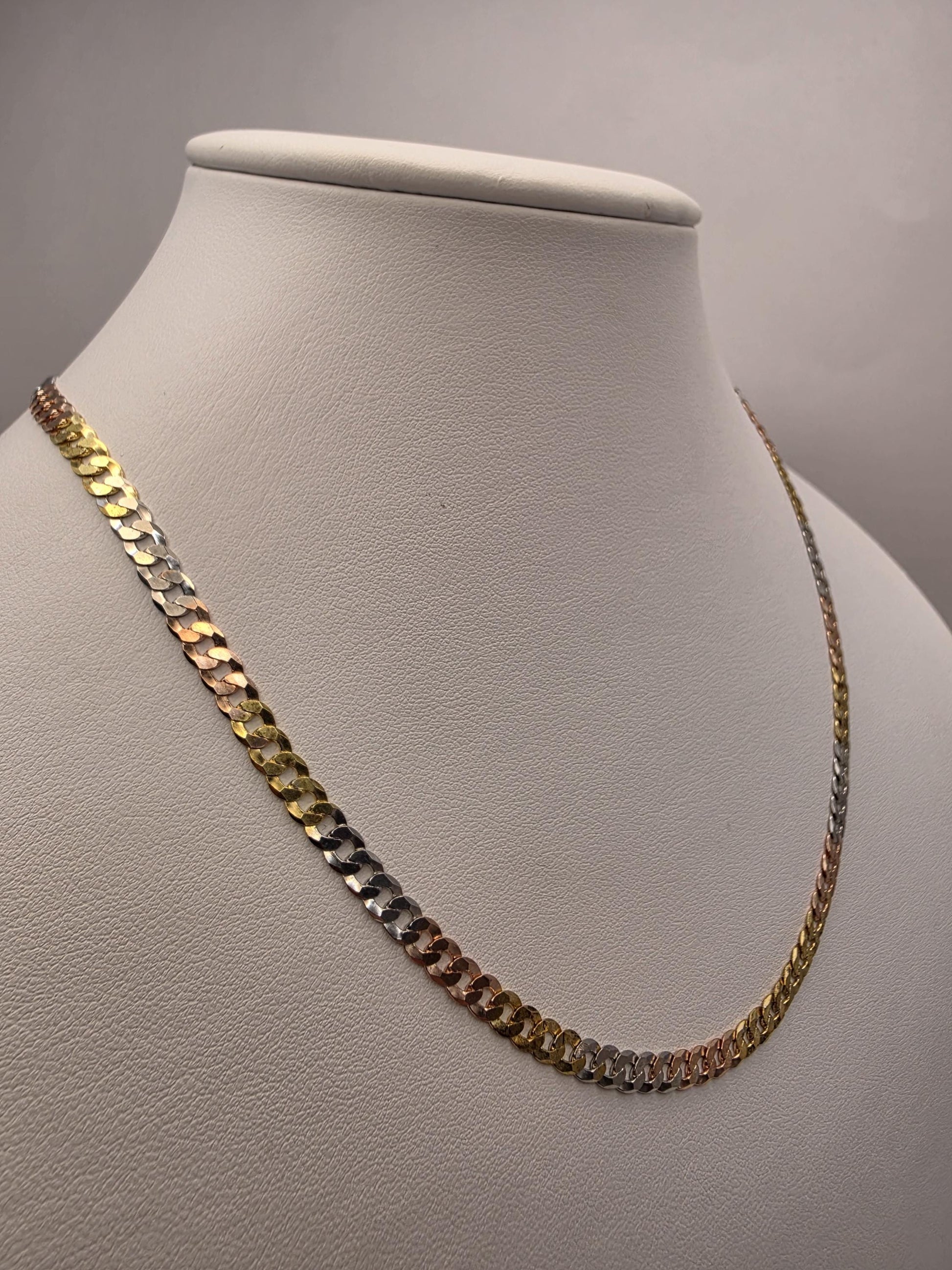 Tri Color Gold Plated Sterling Silver Cuban Link Necklace 18 Inch 4.5mm Yellow Rose White Chain Unisex Gift