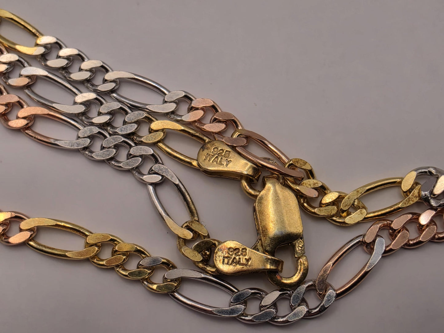 Tri Color Gold Plated Sterling Silver Figaro Chain Necklace 20 Inch 3.5mm Yellow Rose White Unisex Jewelry Gift