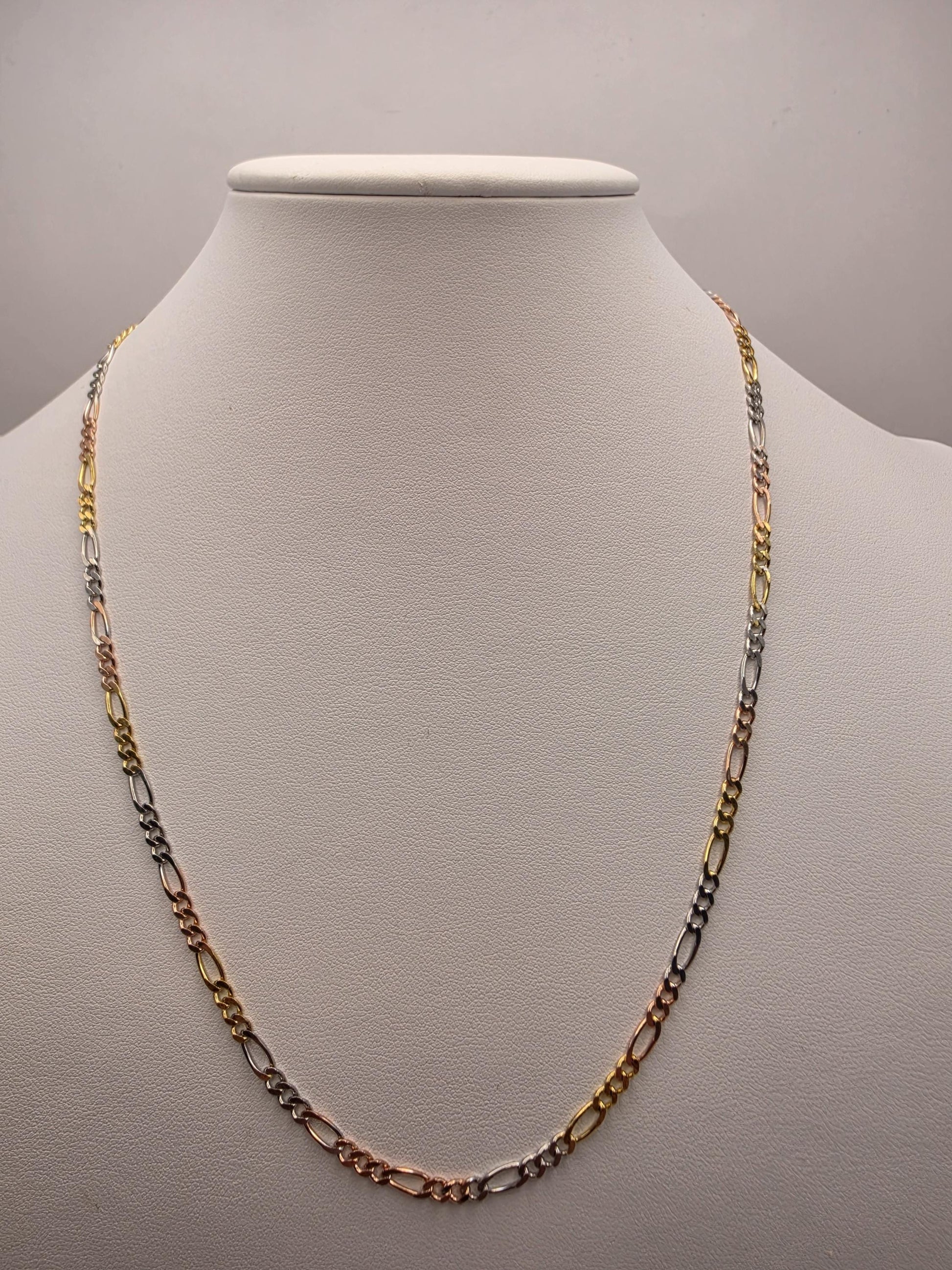 Tri Color Gold Plated Sterling Silver Figaro Chain Necklace 20 Inch 3.5mm Yellow Rose White Unisex Jewelry Gift