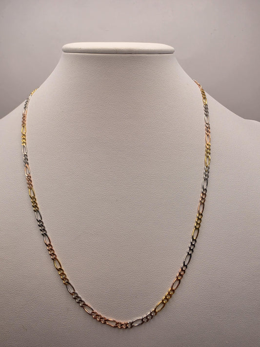 Tri Color Gold Plated Sterling Silver Figaro Chain Necklace 20 Inch 3.5mm Yellow Rose White Unisex Jewelry Gift