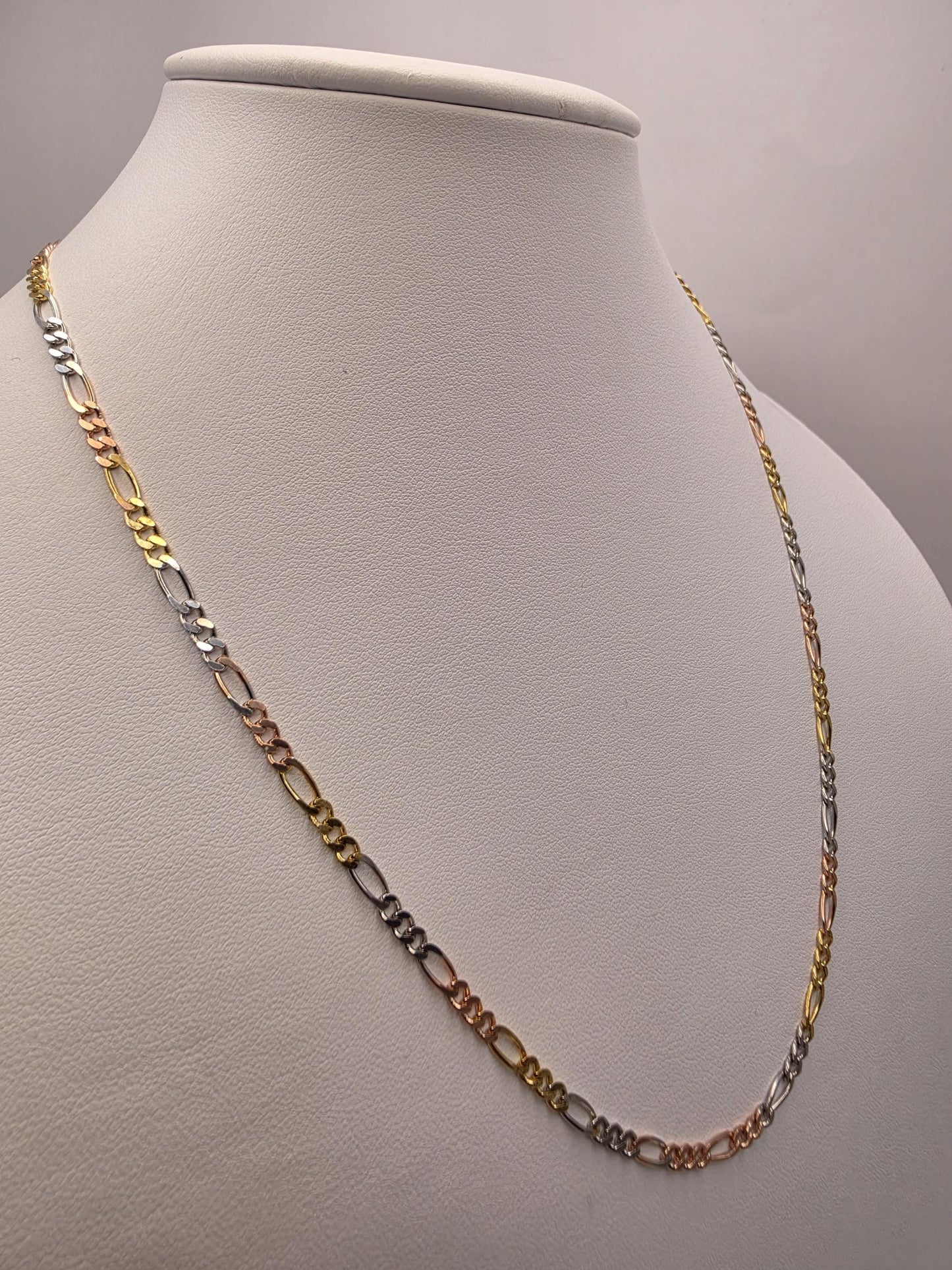 Tri Color Gold Plated Sterling Silver Figaro Chain Necklace 20 Inch 3.5mm Yellow Rose White Unisex Jewelry Gift