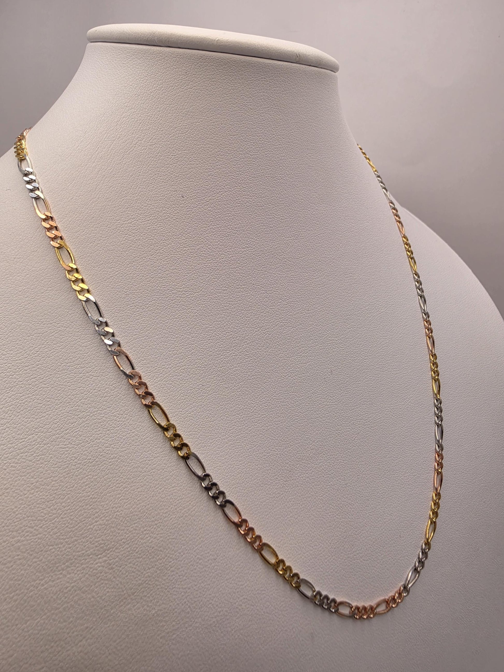 Tri Color Gold Plated Sterling Silver Figaro Chain Necklace 20 Inch 3.5mm Yellow Rose White Unisex Jewelry Gift