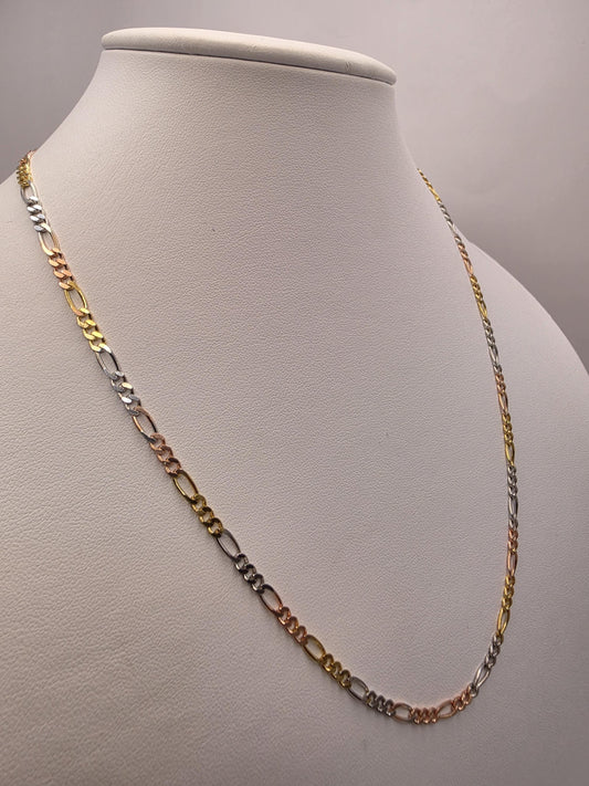 Tri Color Gold Plated Sterling Silver Figaro Chain Necklace 20 Inch 3.5mm Yellow Rose White Unisex Jewelry Gift