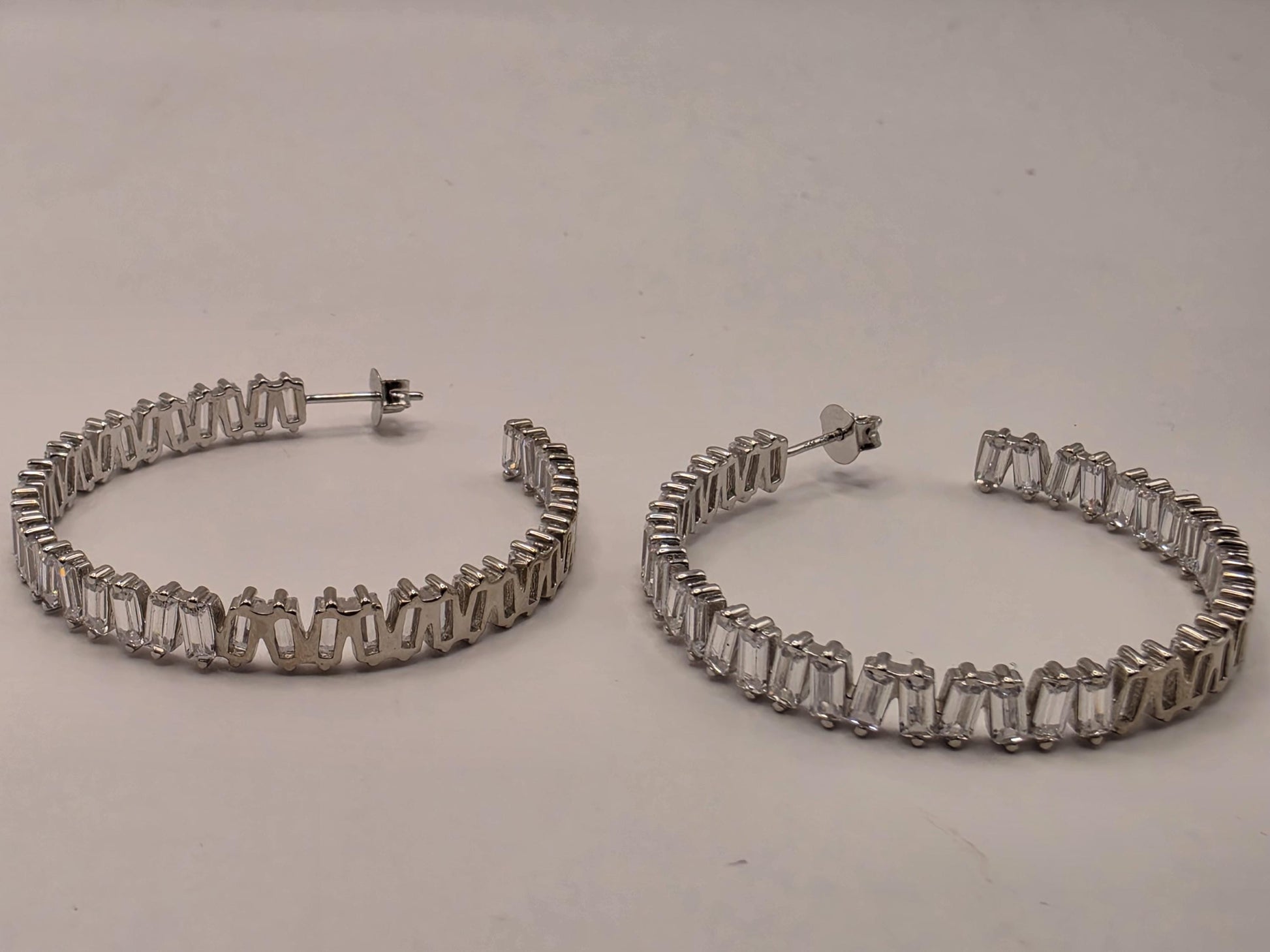 Genuine White Topaz Hoop Earrings Sterling Silver 2 Inch Baguette Tennis Hoops Statement Gift for Her