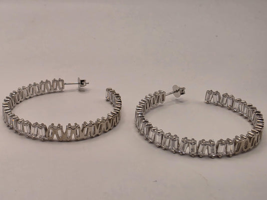Genuine White Topaz Hoop Earrings Sterling Silver 2 Inch Baguette Tennis Hoops Statement Gift for Her