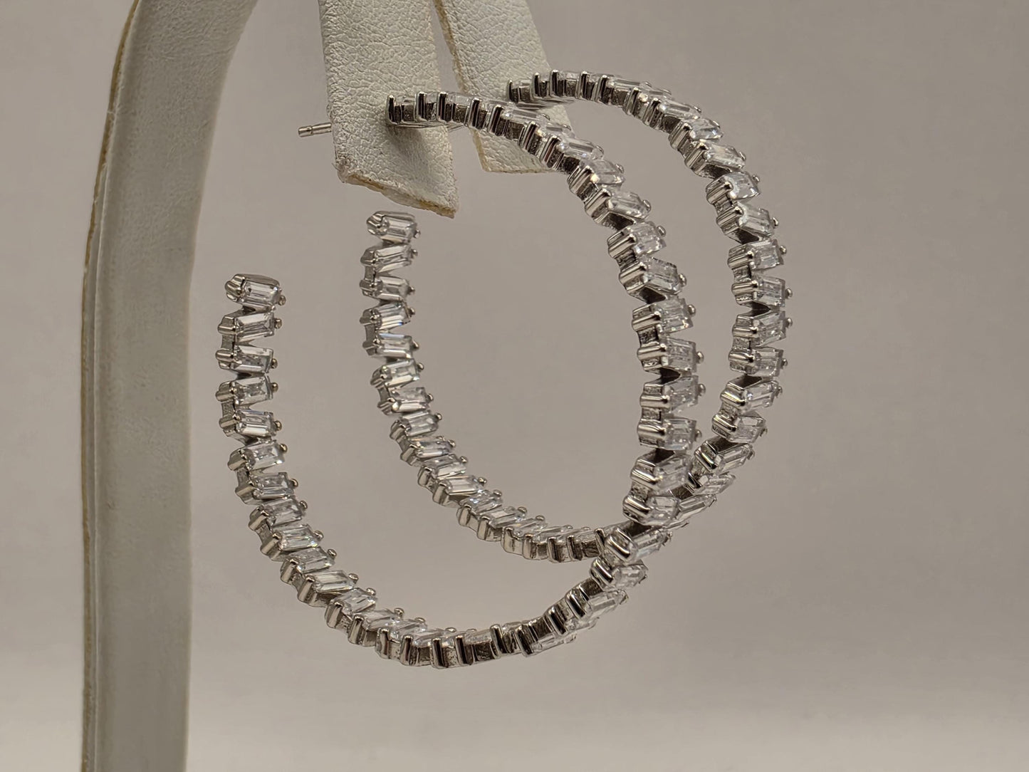 Genuine White Topaz Hoop Earrings Sterling Silver 2 Inch Baguette Tennis Hoops Statement Gift for Her