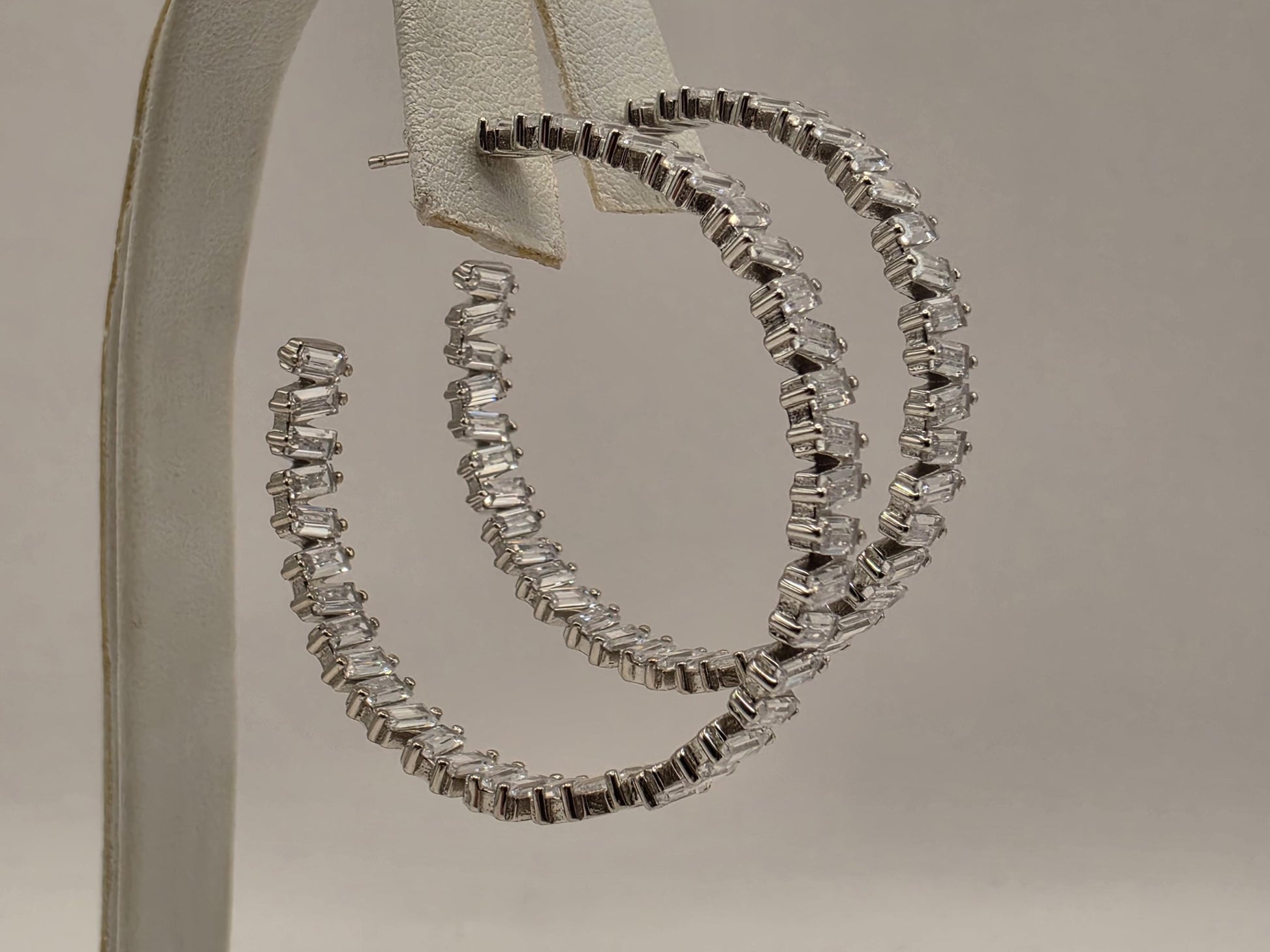 Genuine White Topaz Hoop Earrings Sterling Silver 2 Inch Baguette Tennis Hoops Statement Gift for Her