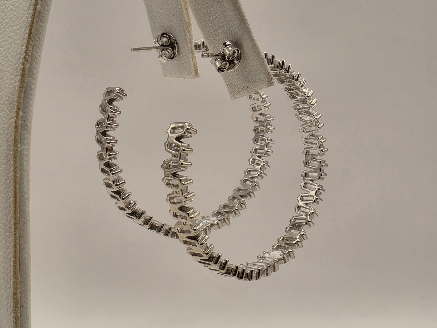Genuine White Topaz Hoop Earrings Sterling Silver 2 Inch Baguette Tennis Hoops Statement Gift for Her