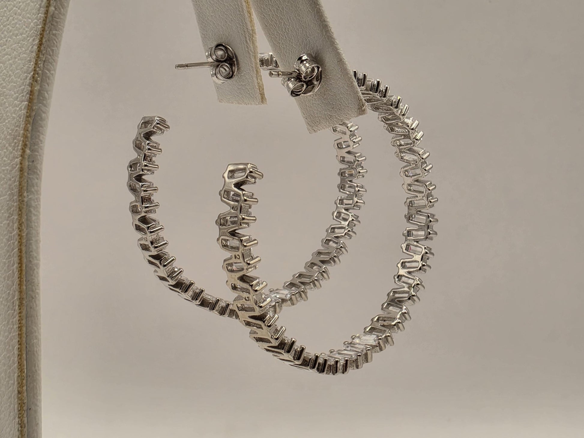Genuine White Topaz Hoop Earrings Sterling Silver 2 Inch Baguette Tennis Hoops Statement Gift for Her
