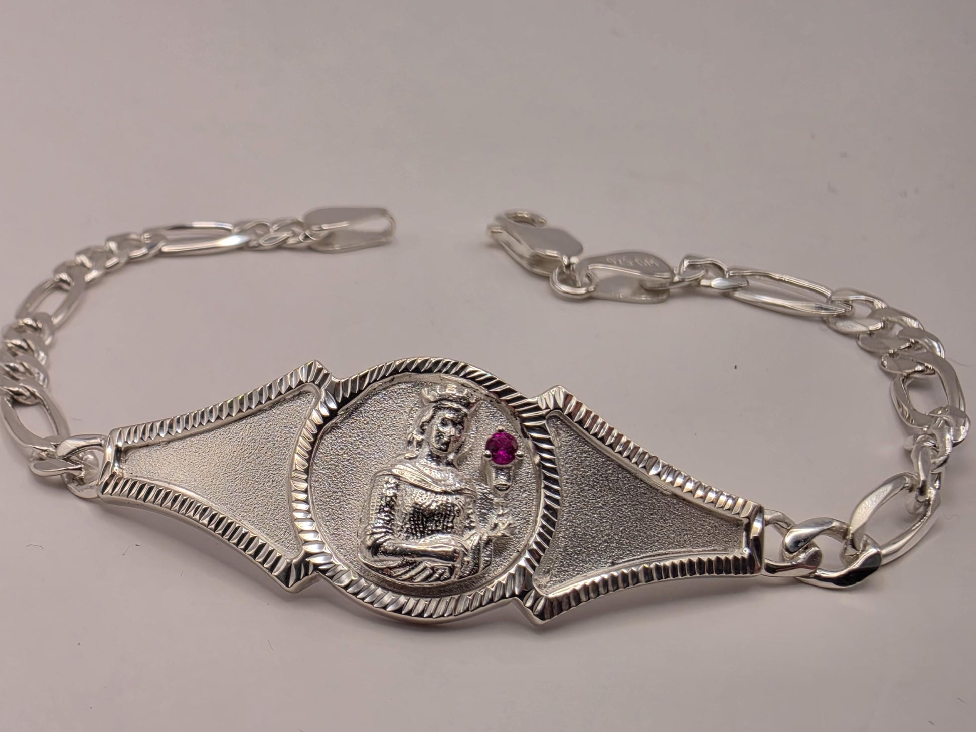 Solid 925 Sterling Silver Saint Christopher Bracelet 8 Inch Ruby Accent Religious Travel Medal Figaro Chain Catholic Gift