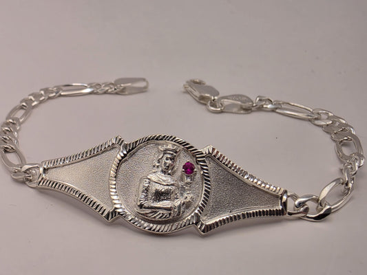 Solid 925 Sterling Silver Saint Christopher Bracelet 8 Inch Ruby Accent Religious Travel Medal Figaro Chain Catholic Gift