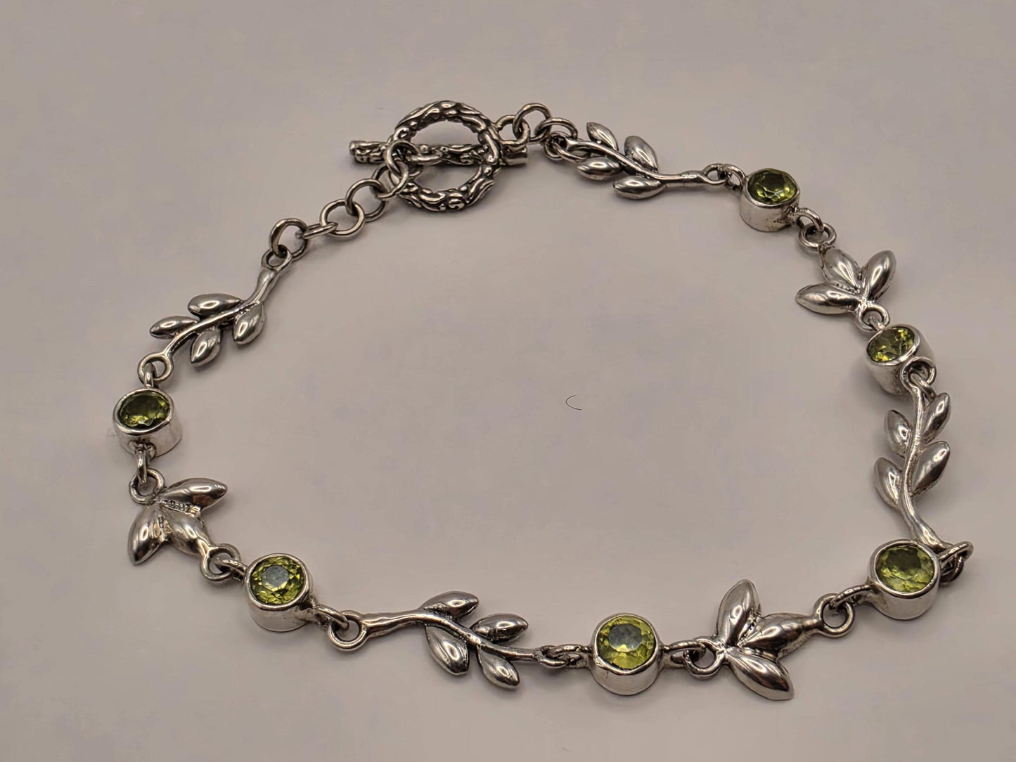 Genuine Peridot Leaf Bracelet Solid 925 Sterling Silver 7 Inch Botanical Vine August Birthstone Jewelry Gift for Her