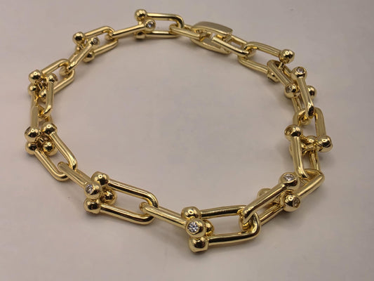 Gold Plated Sterling Silver Paperclip Bracelet Cubic Zirconia Stations 8 Inch 7.75mm 19.4 Grams Hardware Gift