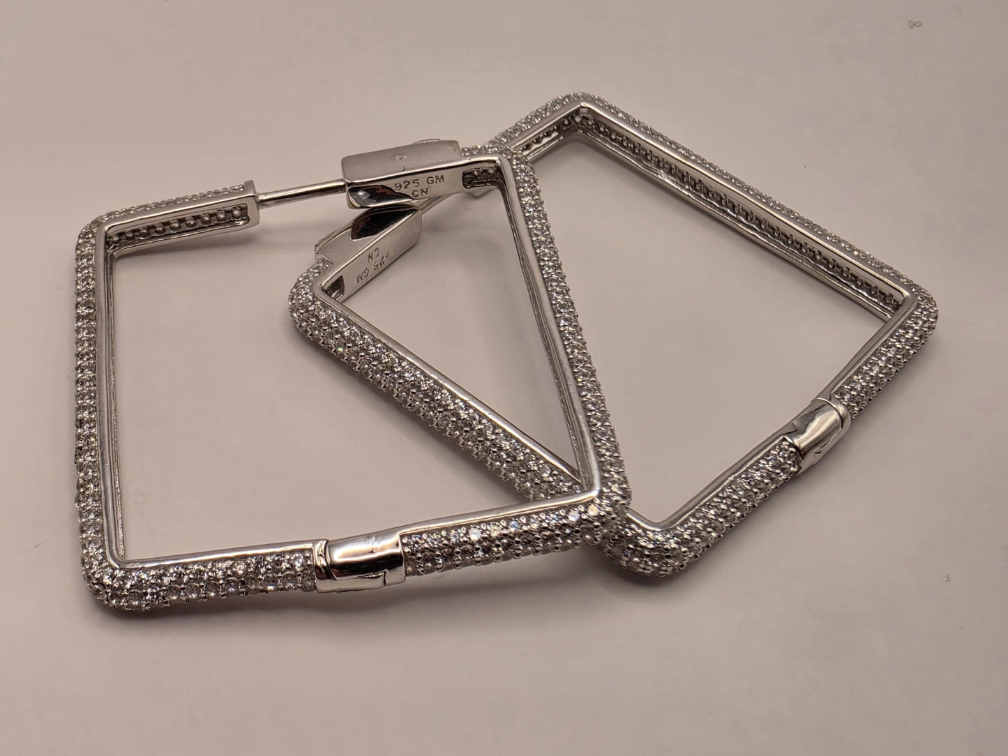 Cubic Zirconia Square Hoop Earrings Solid 925 Sterling Silver 1.375 Inch Pave Geometric Statement Gift for Her