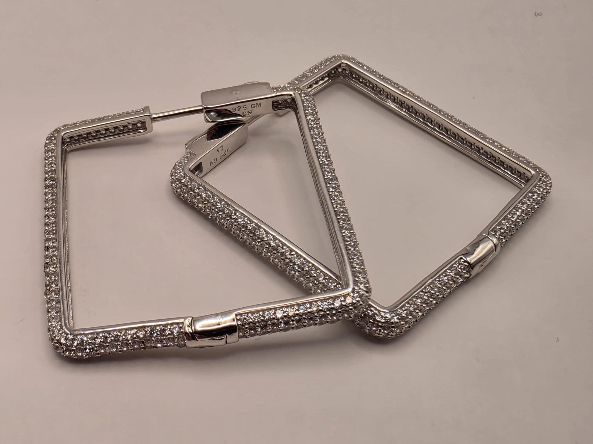 Cubic Zirconia Square Hoop Earrings Solid 925 Sterling Silver 1.375 Inch Pave Geometric Statement Gift for Her