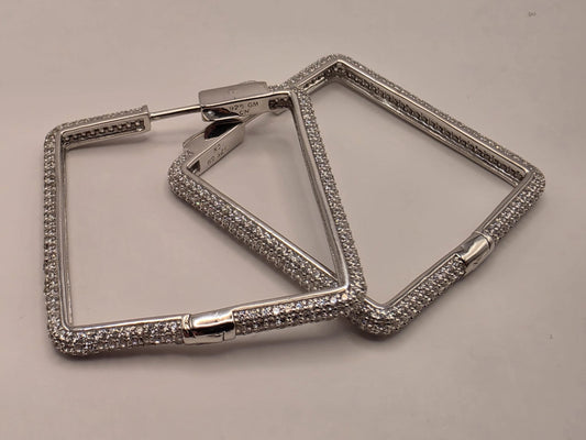 Cubic Zirconia Square Hoop Earrings Solid 925 Sterling Silver 1.375 Inch Pave Geometric Statement Gift for Her