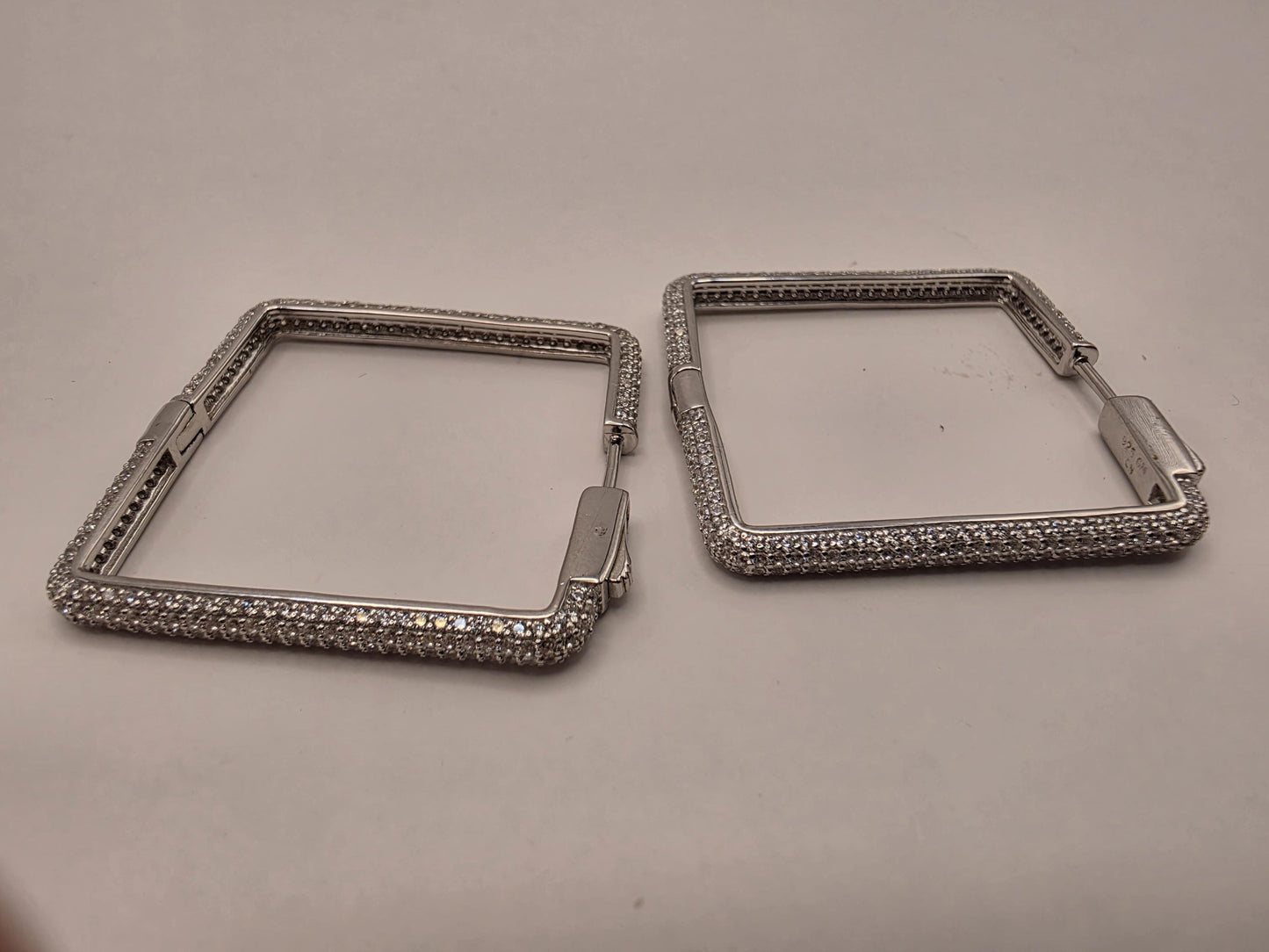 Cubic Zirconia Square Hoop Earrings Solid 925 Sterling Silver 1.375 Inch Pave Geometric Statement Gift for Her