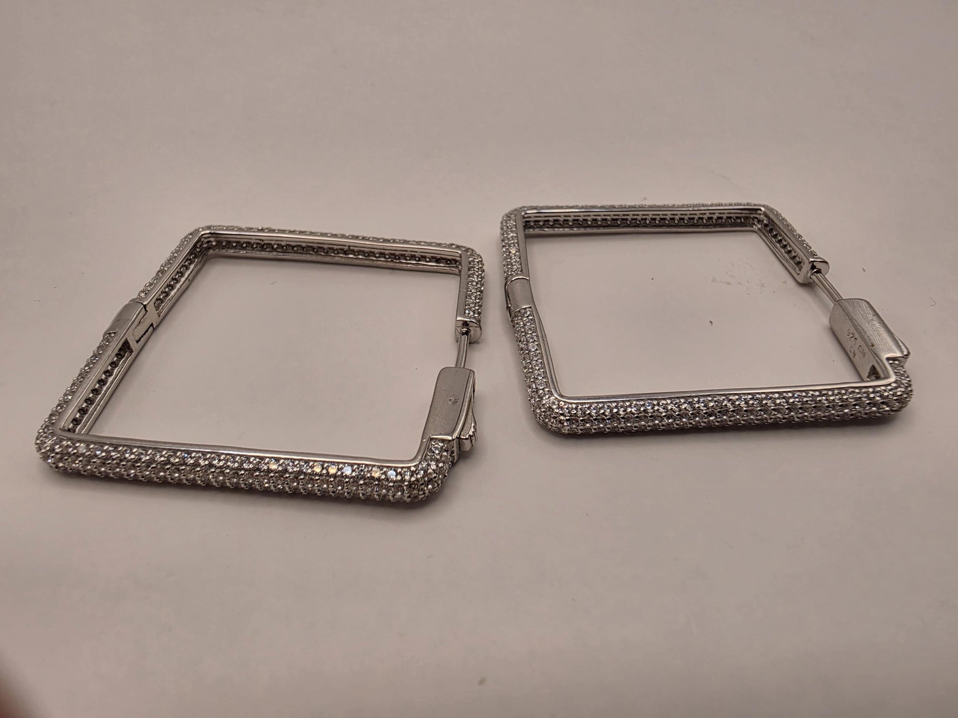 Cubic Zirconia Square Hoop Earrings Solid 925 Sterling Silver 1.375 Inch Pave Geometric Statement Gift for Her