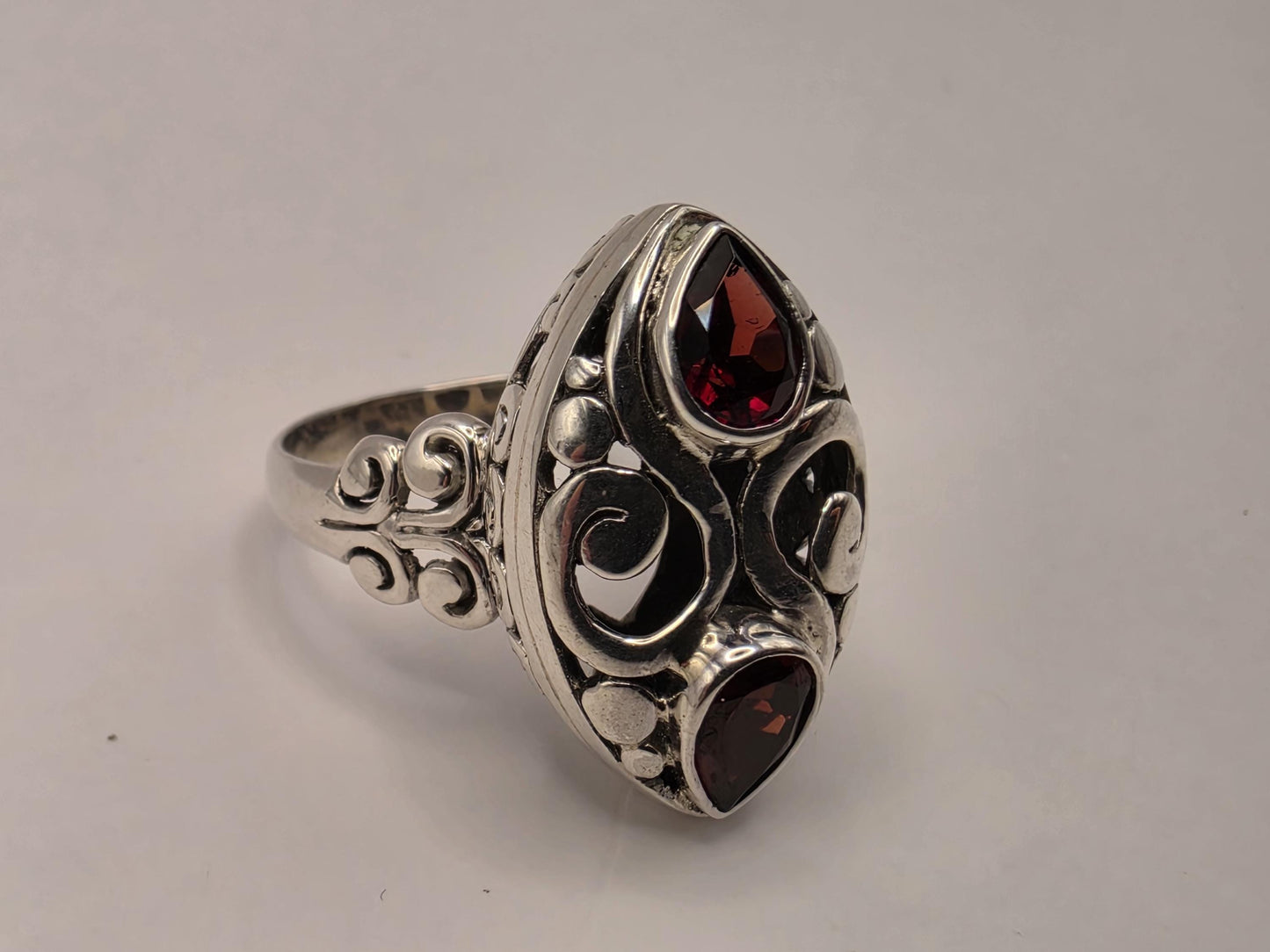Genuine Garnet Statement Ring Solid 925 Sterling Silver Size 9 Pear and Round Two Stone Bali Scroll January Birthstone Gift