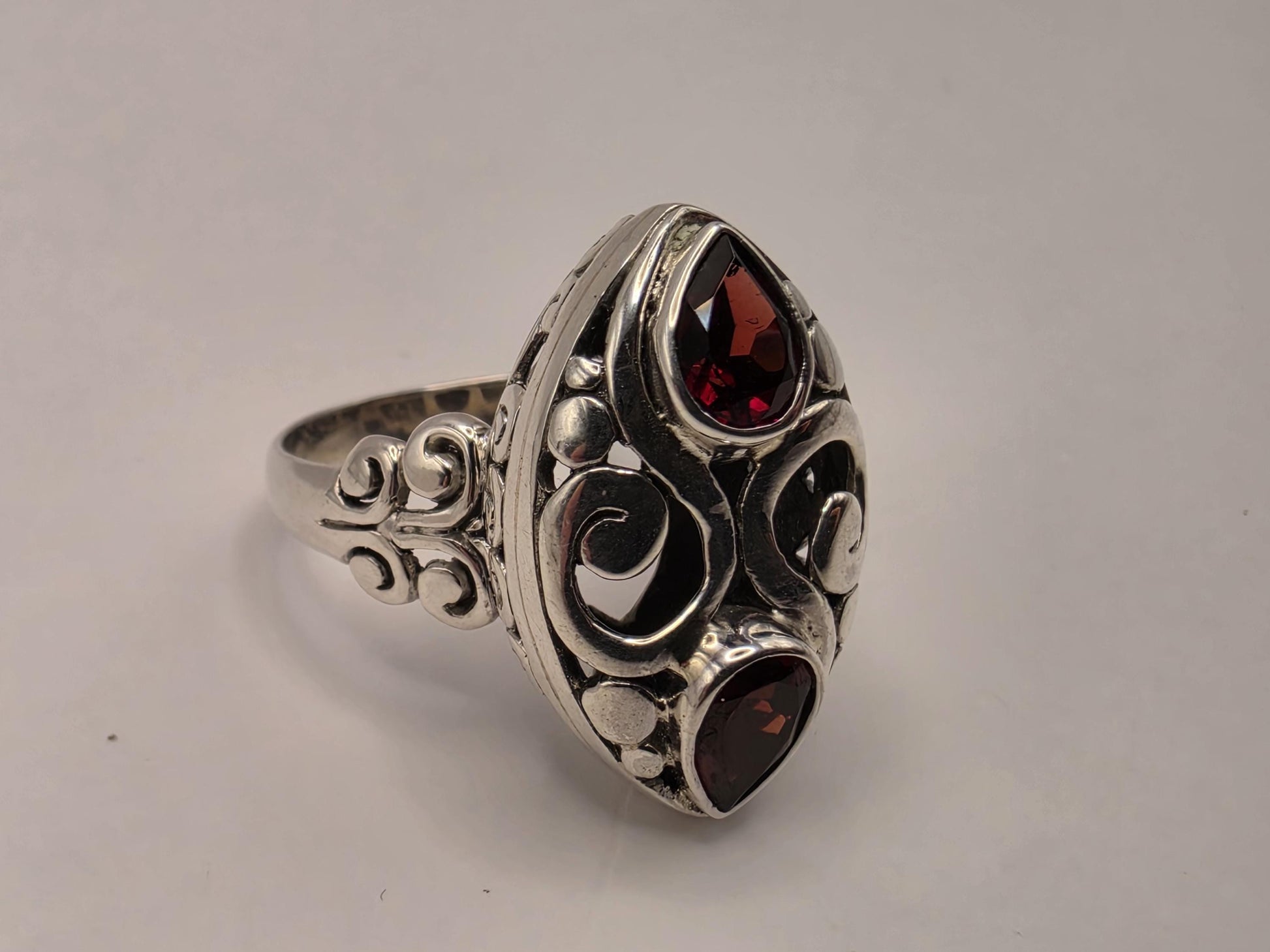 Genuine Garnet Statement Ring Solid 925 Sterling Silver Size 9 Pear and Round Two Stone Bali Scroll January Birthstone Gift
