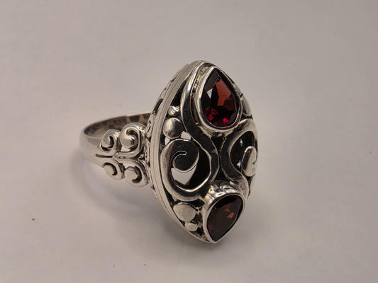 Genuine Garnet Statement Ring Solid 925 Sterling Silver Size 9 Pear and Round Two Stone Bali Scroll January Birthstone Gift