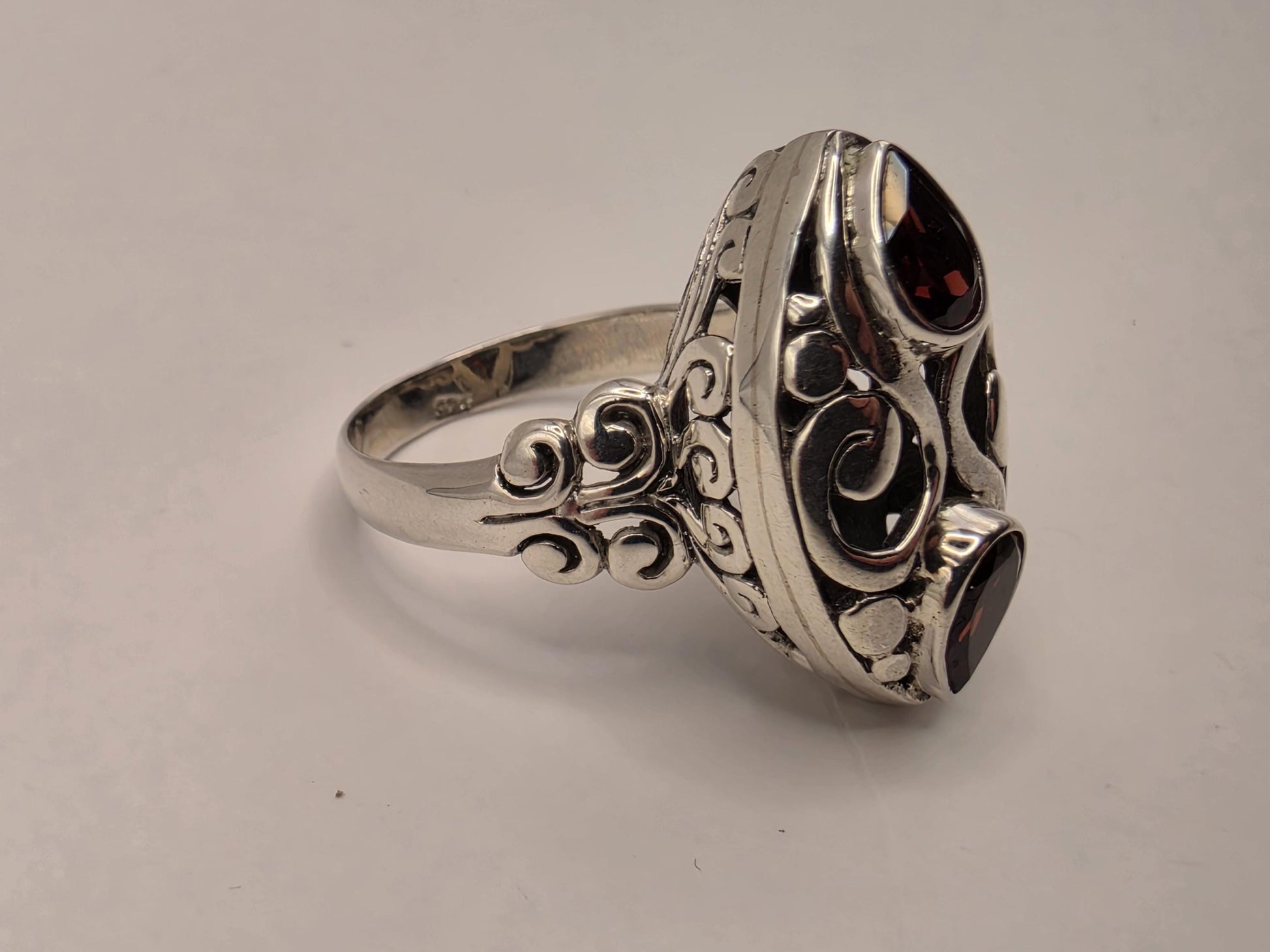 Genuine Garnet Statement Ring Solid 925 Sterling Silver Size 9 Pear and Round Two Stone Bali Scroll January Birthstone Gift