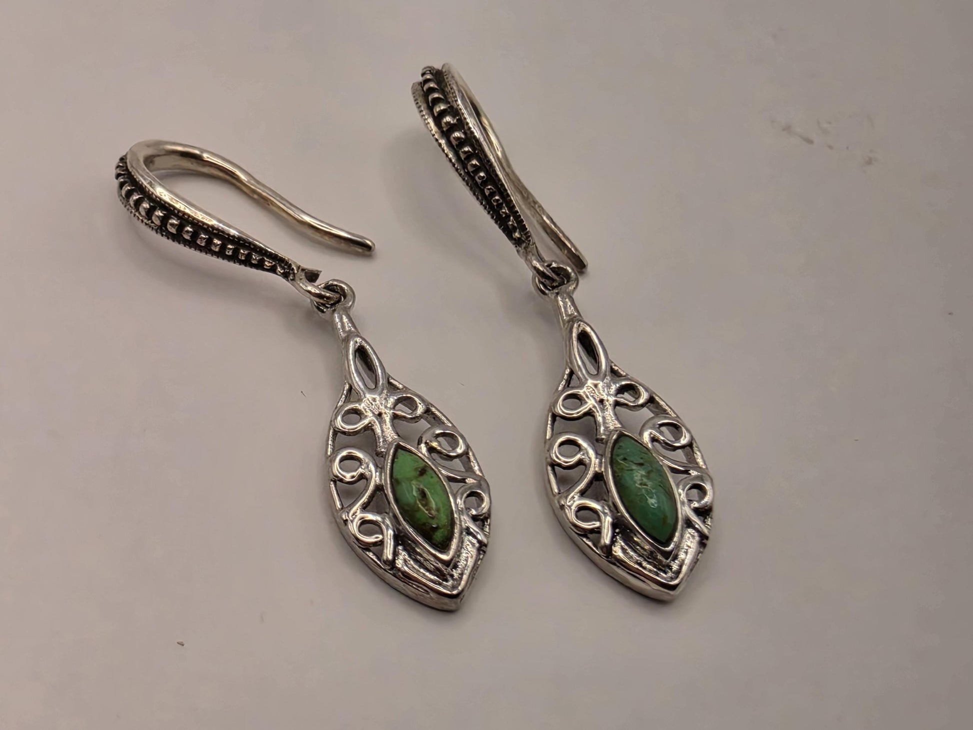 Genuine Green Turquoise Leaf Earrings Solid 925 Sterling Silver 1.5 Inch Filigree Dangle Botanical Southwest Gift for Her