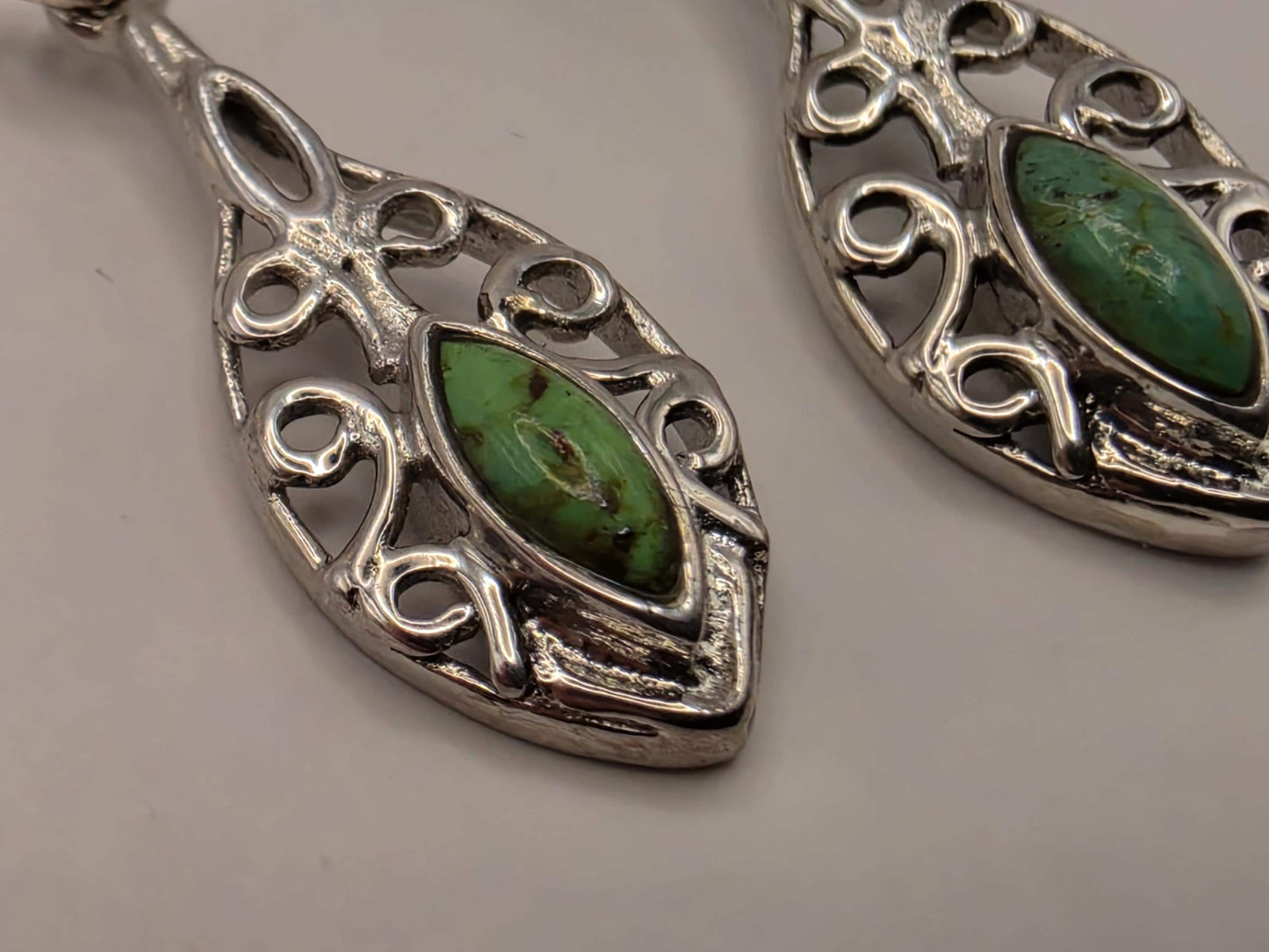 Genuine Green Turquoise Leaf Earrings Solid 925 Sterling Silver 1.5 Inch Filigree Dangle Botanical Southwest Gift for Her