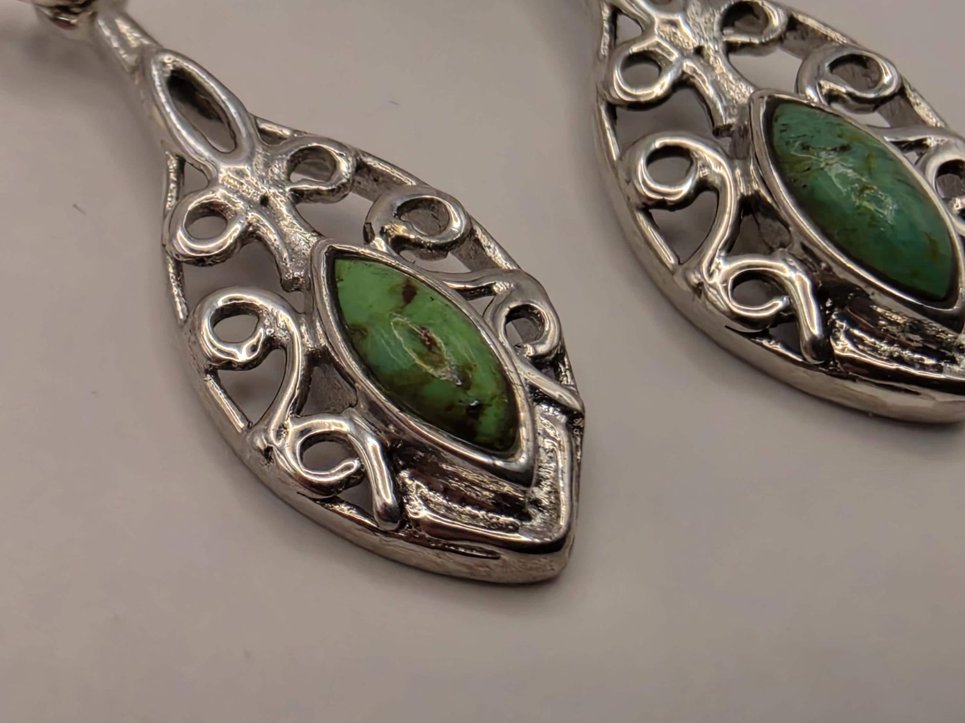Genuine Green Turquoise Leaf Earrings Solid 925 Sterling Silver 1.5 Inch Filigree Dangle Botanical Southwest Gift for Her