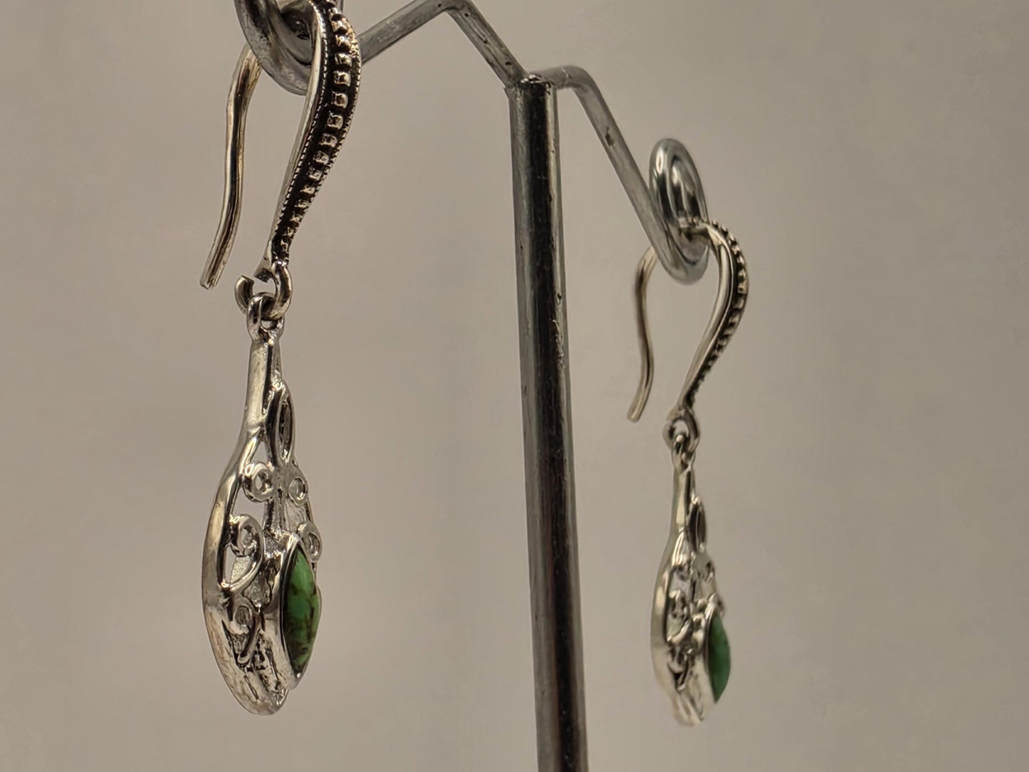 Genuine Green Turquoise Leaf Earrings Solid 925 Sterling Silver 1.5 Inch Filigree Dangle Botanical Southwest Gift for Her