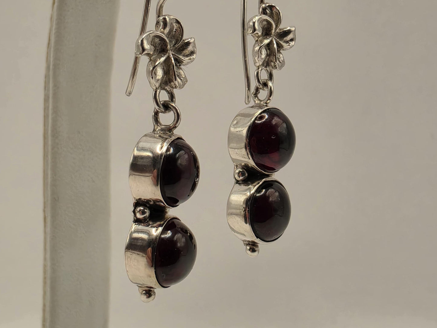 Genuine Rhodolite Garnet Drop Earrings Solid 925 Sterling Silver 1.75 Inch Double Cabochon Floral Dangle January Gift