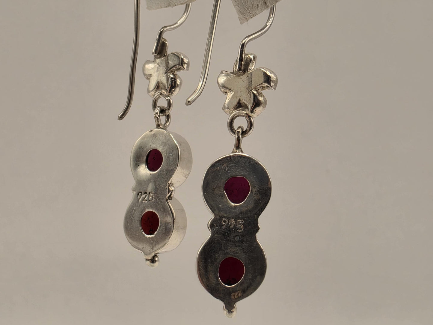 Genuine Rhodolite Garnet Drop Earrings Solid 925 Sterling Silver 1.75 Inch Double Cabochon Floral Dangle January Gift