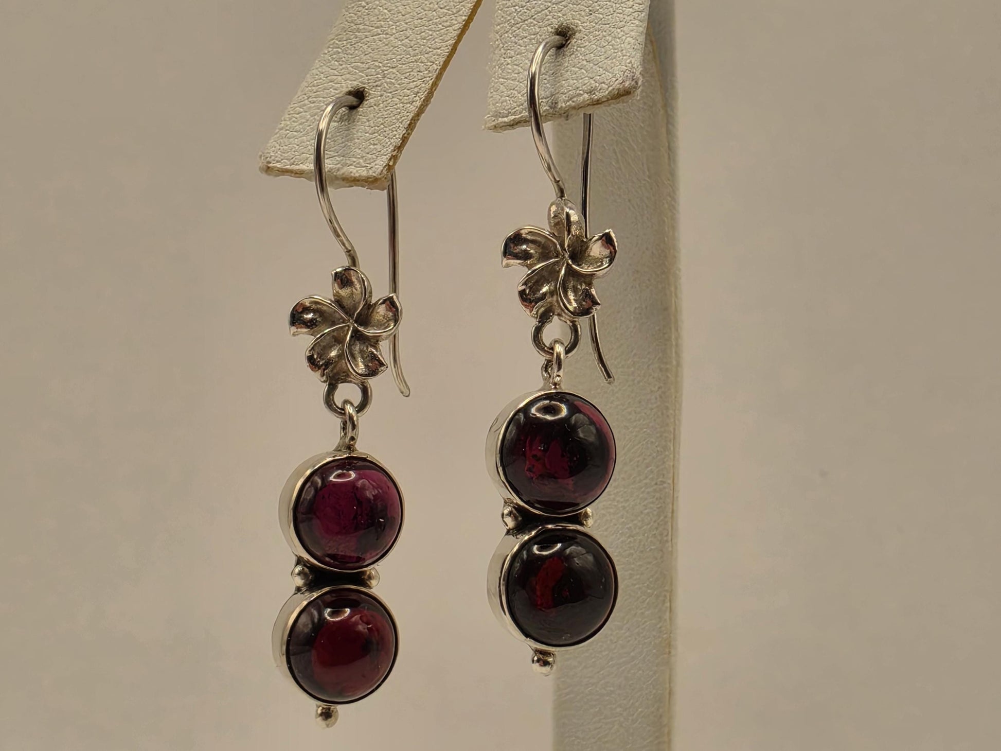 Genuine Rhodolite Garnet Drop Earrings Solid 925 Sterling Silver 1.75 Inch Double Cabochon Floral Dangle January Gift