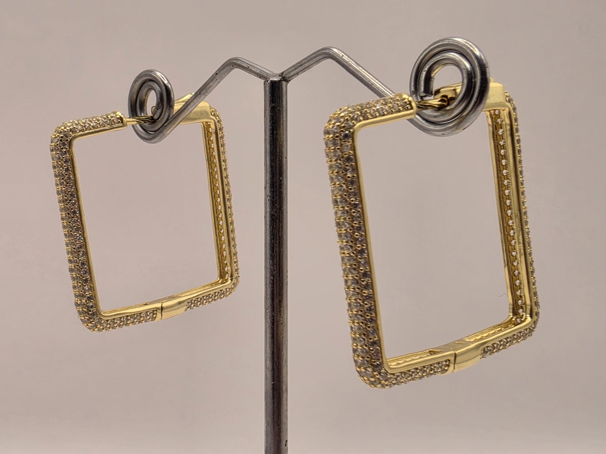 Cubic Zirconia Square Hoop Earrings Gold Plated Sterling Silver 1.125 Inch Pave Geometric Statement Gift for Her