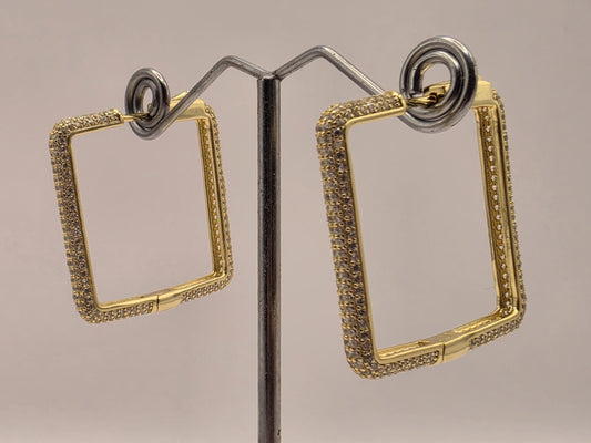 Cubic Zirconia Square Hoop Earrings Gold Plated Sterling Silver 1.125 Inch Pave Geometric Statement Gift for Her