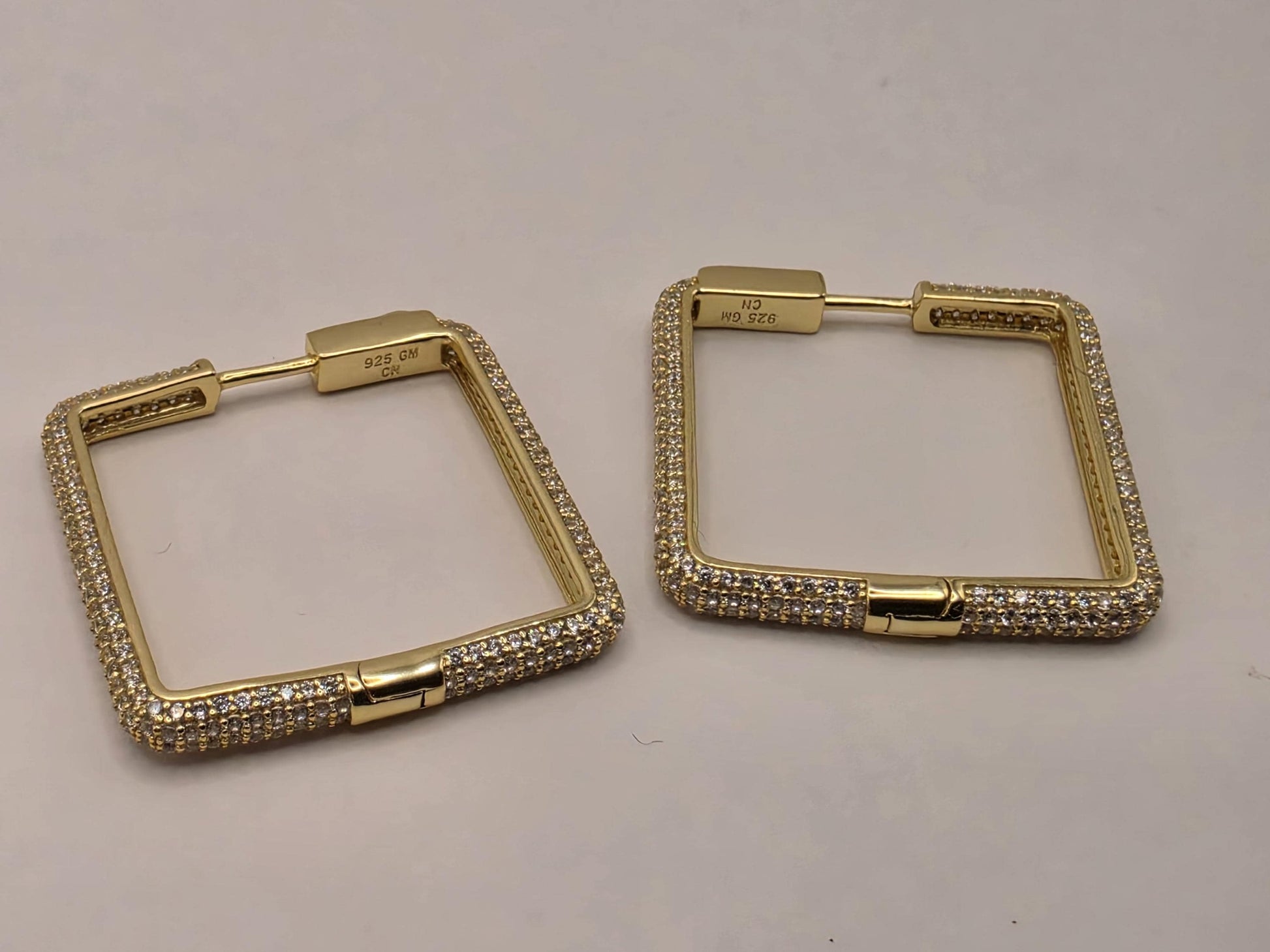 Cubic Zirconia Square Hoop Earrings Gold Plated Sterling Silver 1.125 Inch Pave Geometric Statement Gift for Her