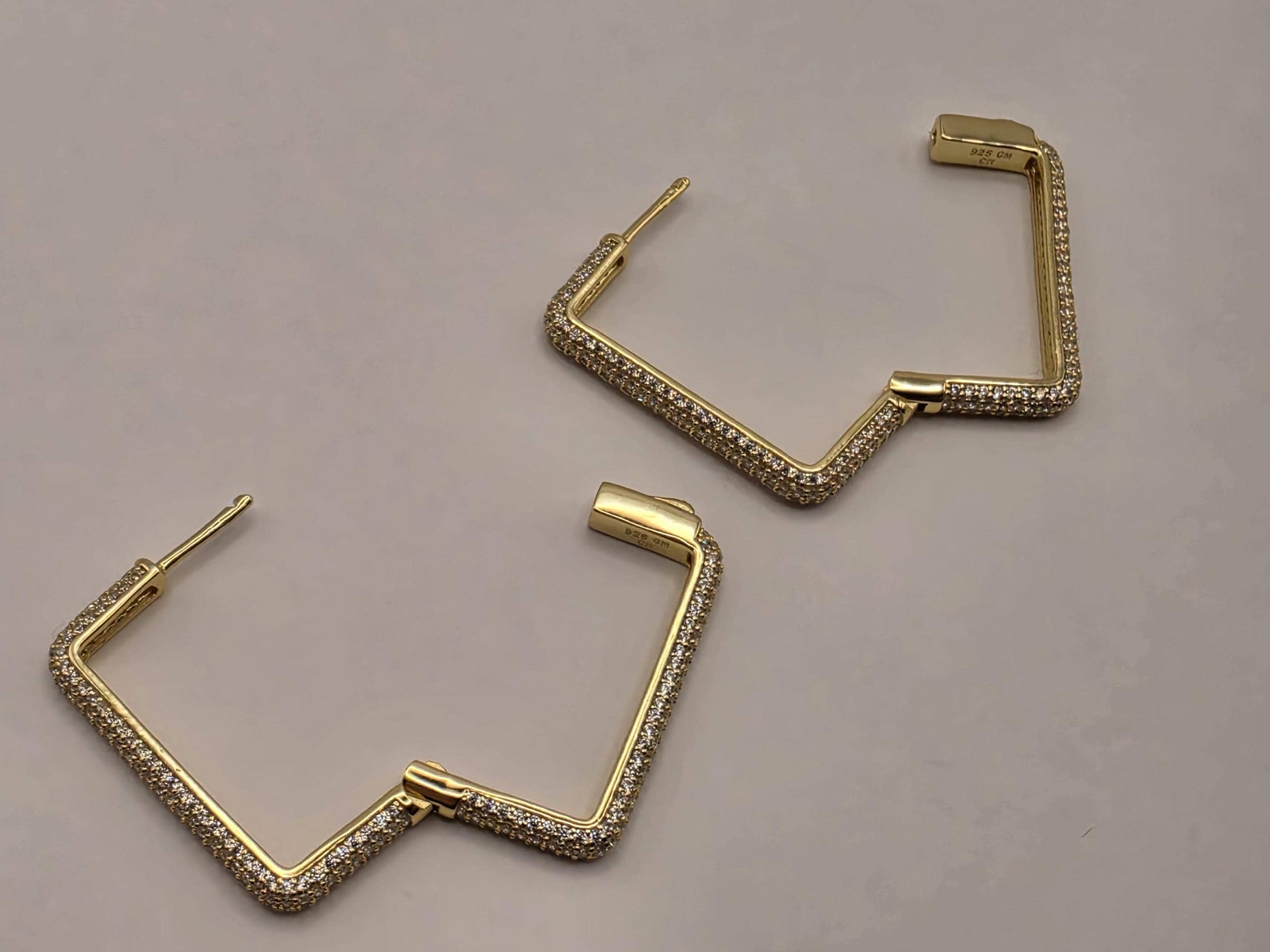 Cubic Zirconia Square Hoop Earrings Gold Plated Sterling Silver 1.125 Inch Pave Geometric Statement Gift for Her