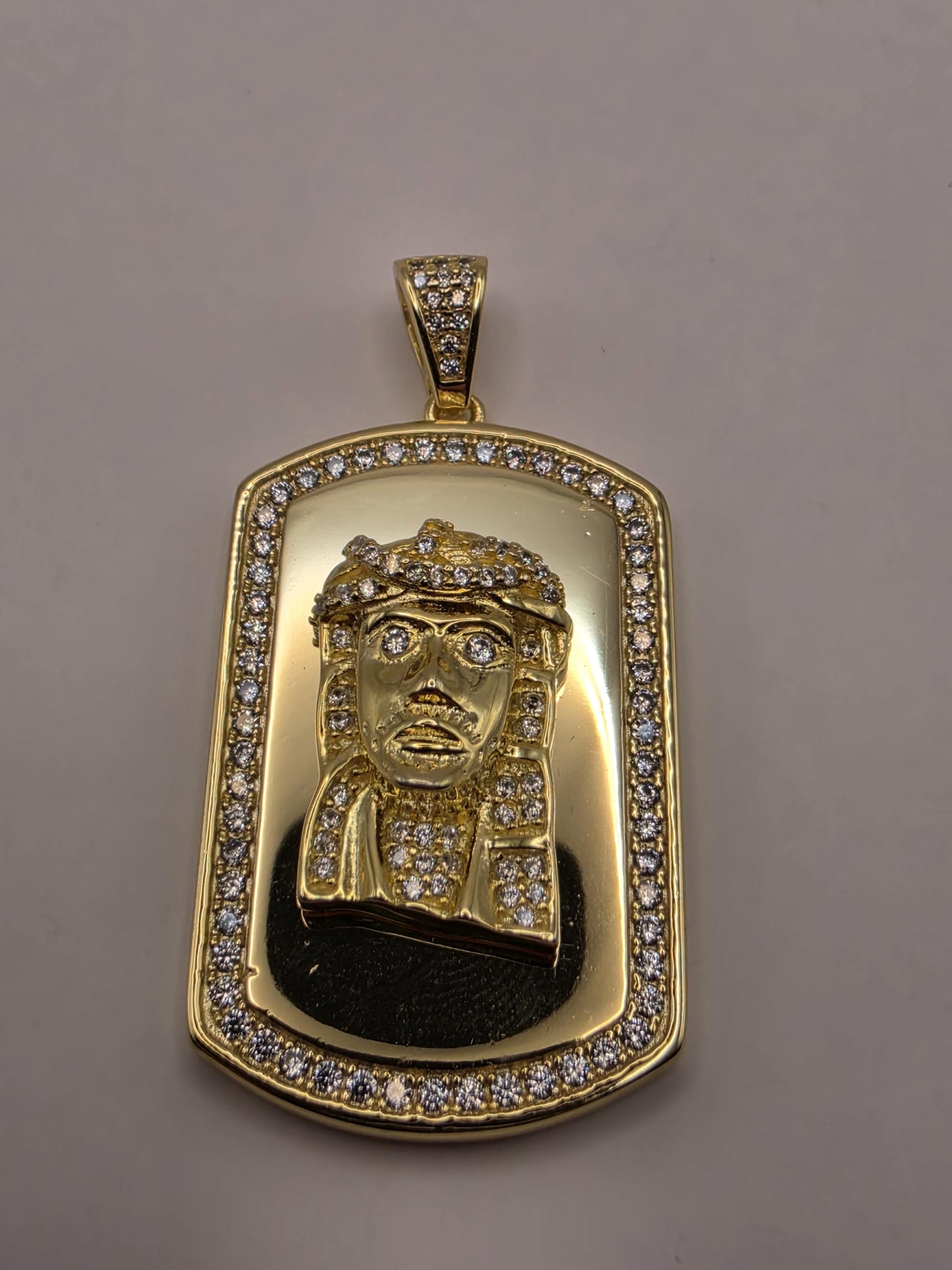 Cubic Zirconia Jesus Dog Tag Pendant Gold Plated Sterling Silver 1.375 x .875 Inch Iced Hip Hop Christian Gift