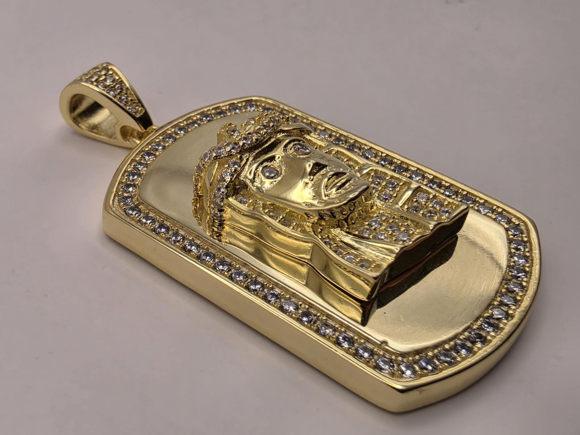 Cubic Zirconia Jesus Dog Tag Pendant Gold Plated Sterling Silver 1.375 x .875 Inch Iced Hip Hop Christian Gift
