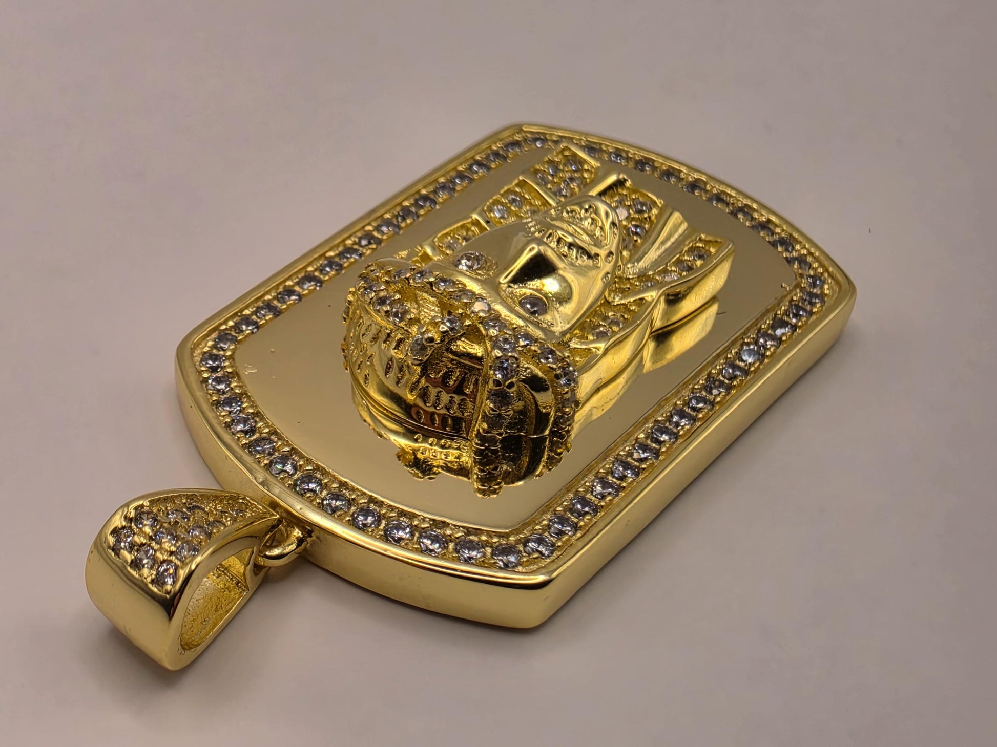 Cubic Zirconia Jesus Dog Tag Pendant Gold Plated Sterling Silver 1.375 x .875 Inch Iced Hip Hop Christian Gift