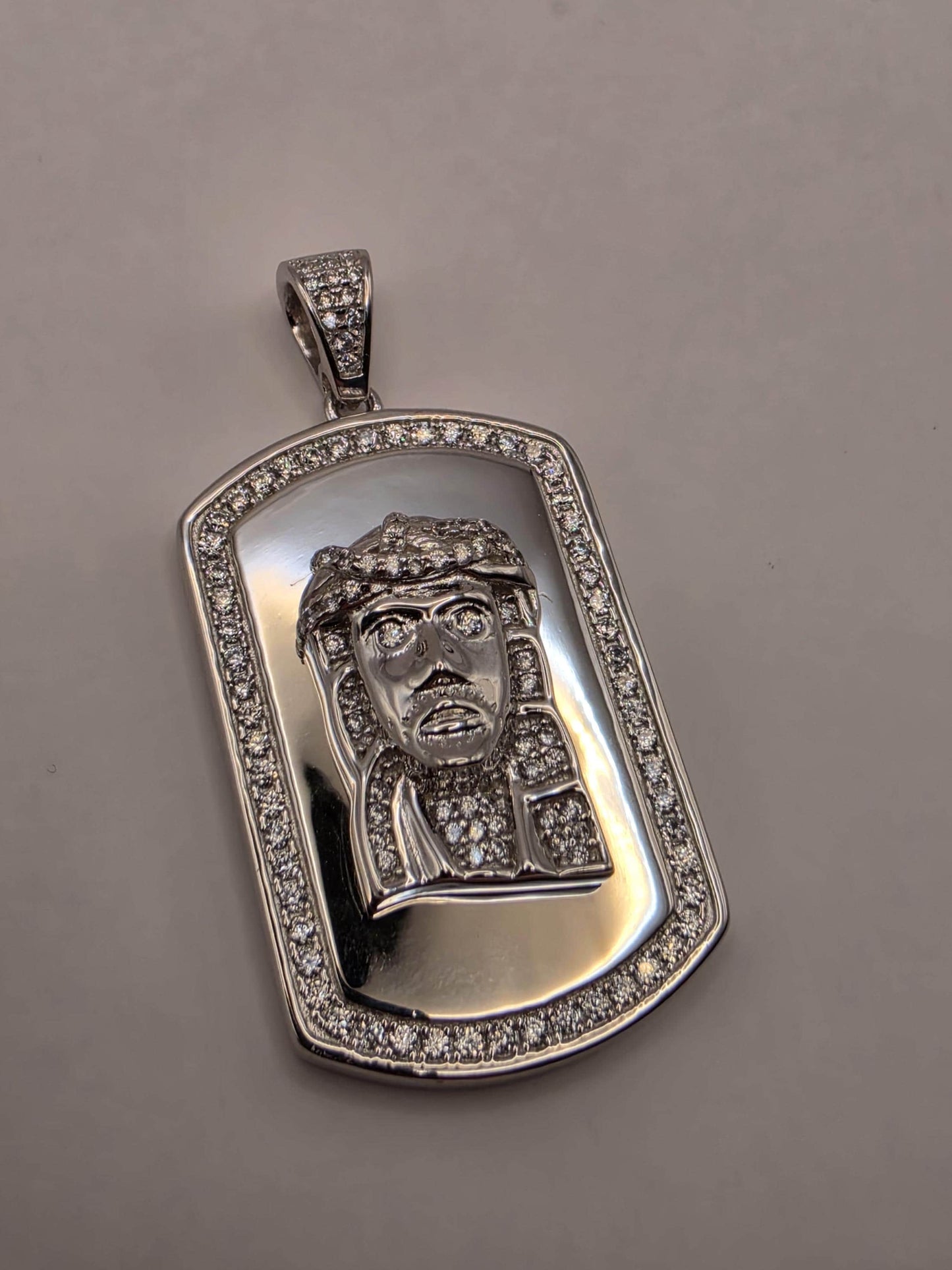 Cubic Zirconia Jesus Dog Tag Pendant Solid 925 Sterling Silver 1.375 x .875 Inch Iced Hip Hop Christian Gift