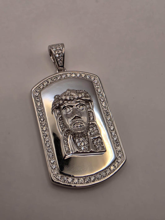 Cubic Zirconia Jesus Dog Tag Pendant Solid 925 Sterling Silver 1.375 x .875 Inch Iced Hip Hop Christian Gift