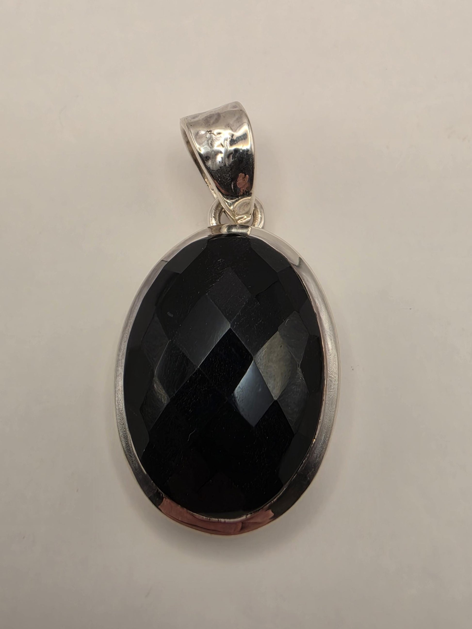 Genuine Black Onyx Pendant Solid 925 Sterling Silver 1.25 x .75 Inch Faceted Oval Cabochon Minimal Statement Gift