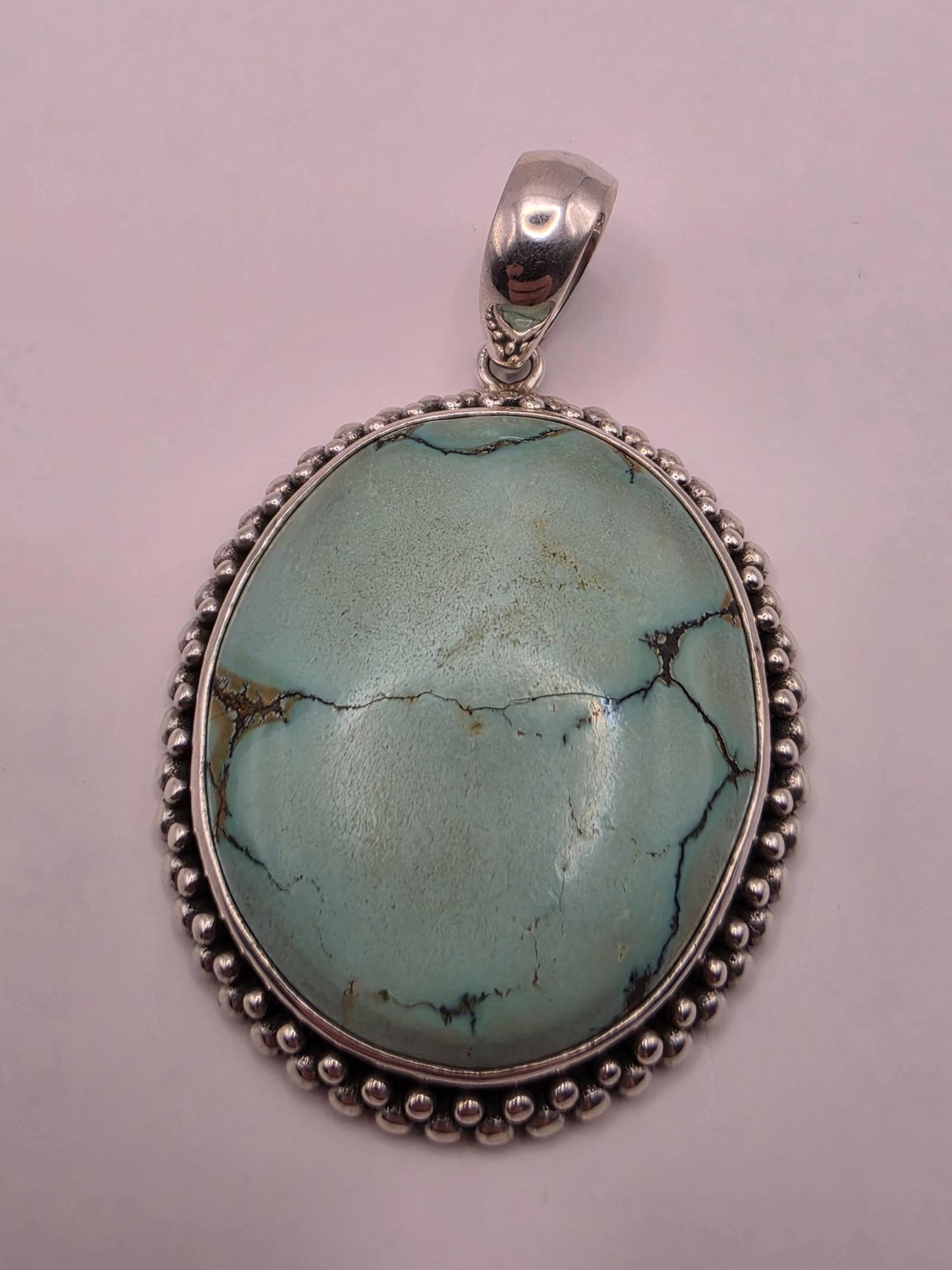 Genuine Turquoise Pendant Solid 925 Sterling Silver 1.5 x 1.375 Inch Large Oval Cabochon Bali Beaded Southwest Gift