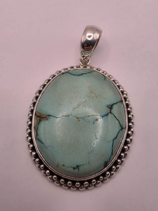 Genuine Turquoise Pendant Solid 925 Sterling Silver 1.5 x 1.375 Inch Large Oval Cabochon Bali Beaded Southwest Gift