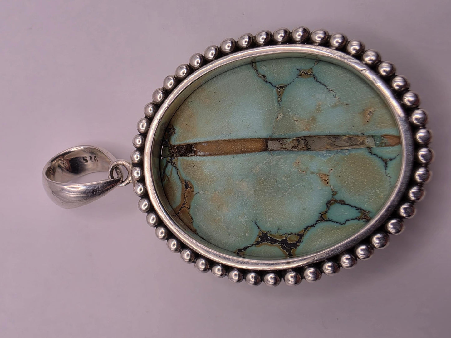 Genuine Turquoise Pendant Solid 925 Sterling Silver 1.5 x 1.375 Inch Large Oval Cabochon Bali Beaded Southwest Gift
