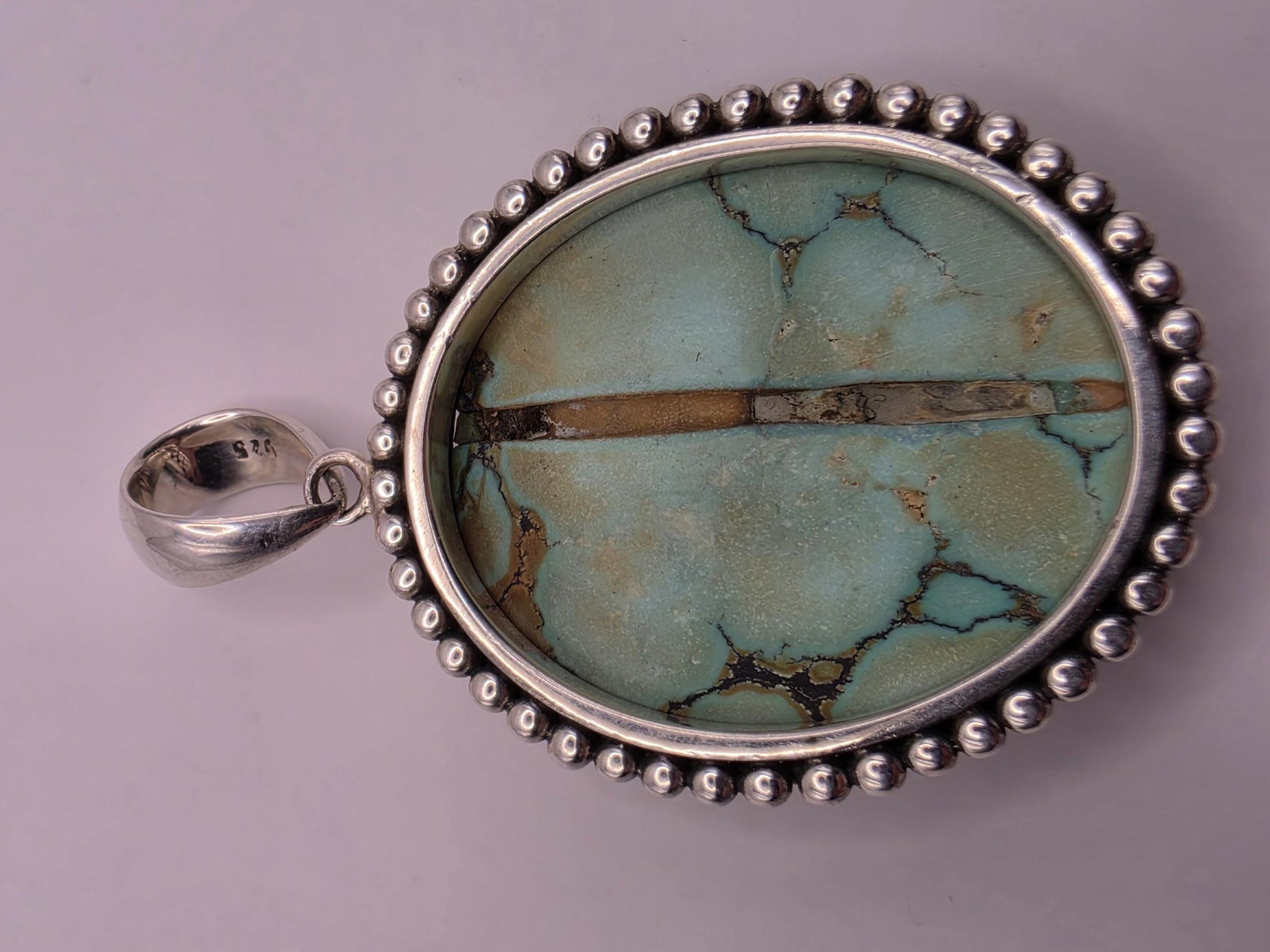 Genuine Turquoise Pendant Solid 925 Sterling Silver 1.5 x 1.375 Inch Large Oval Cabochon Bali Beaded Southwest Gift
