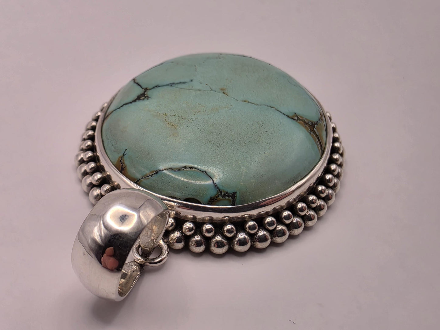 Genuine Turquoise Pendant Solid 925 Sterling Silver 1.5 x 1.375 Inch Large Oval Cabochon Bali Beaded Southwest Gift