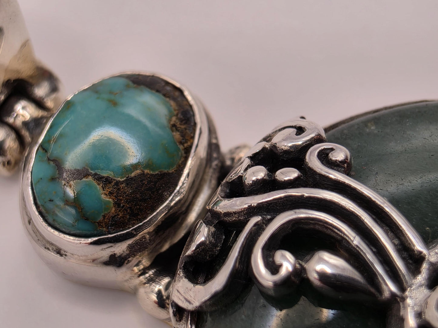 Genuine Green Turquoise Disc Pendant Solid 925 Sterling Silver 1.875 x 1 Inch Round Donut Bali Tribal Statement Gift