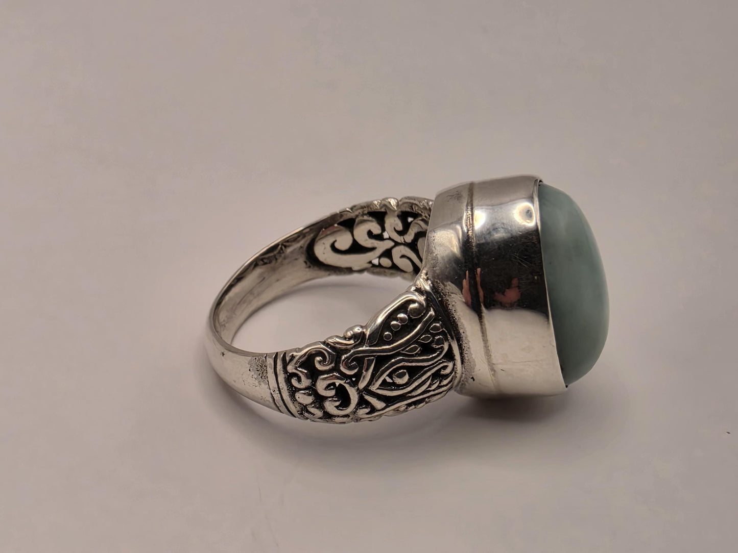 Genuine Turquoise Ring Solid 925 Sterling Silver Size 8 Large Oval Cabochon Bali Scrollwork Southwest Statement Gift